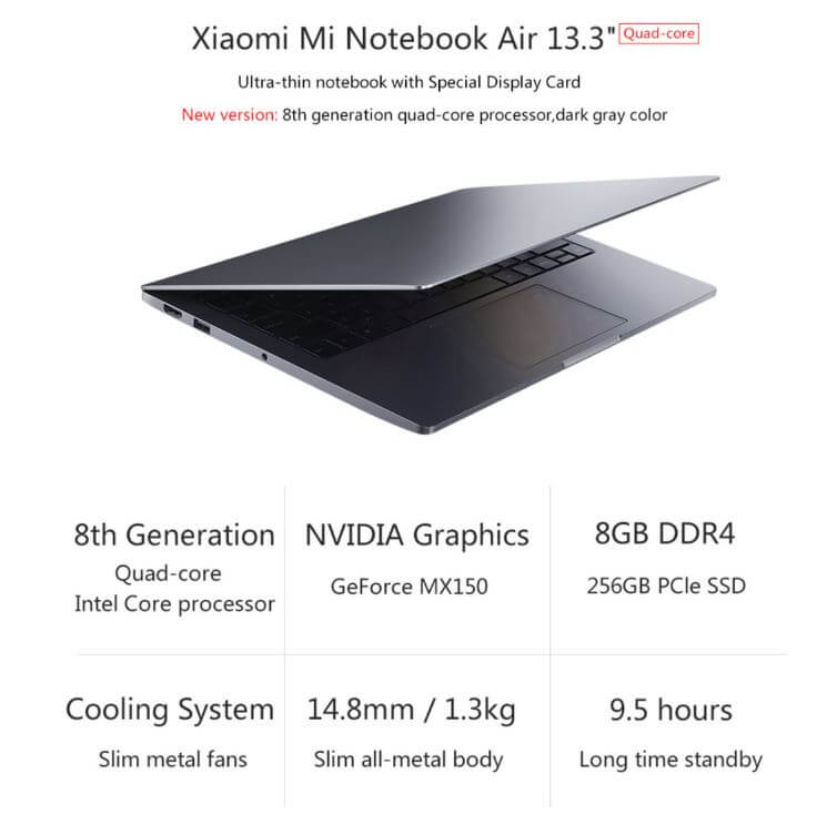 מחשב נייד Xiaomi Mi Notebook Air מסך 13.3" FHD מעבד Intel Core i5-8250U עם 8GB DDR4 וכונן 256GB SSD