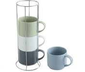 4 כוסות קפה פורצלן במעמד ייעודי לאחסון